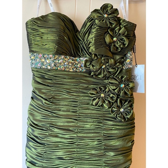 Gigi by La Femme Olive Green Strapless Floral Embellished Gown | Dress - Picture 6 of 15